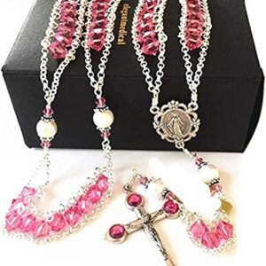 elegantmedical Ladder to Heaven Rose Pink Crystal & AAA10MM Real Pearl BEADS CATHOLIC ROSARY CROSS NECKLACE Sterling Silver beads caps