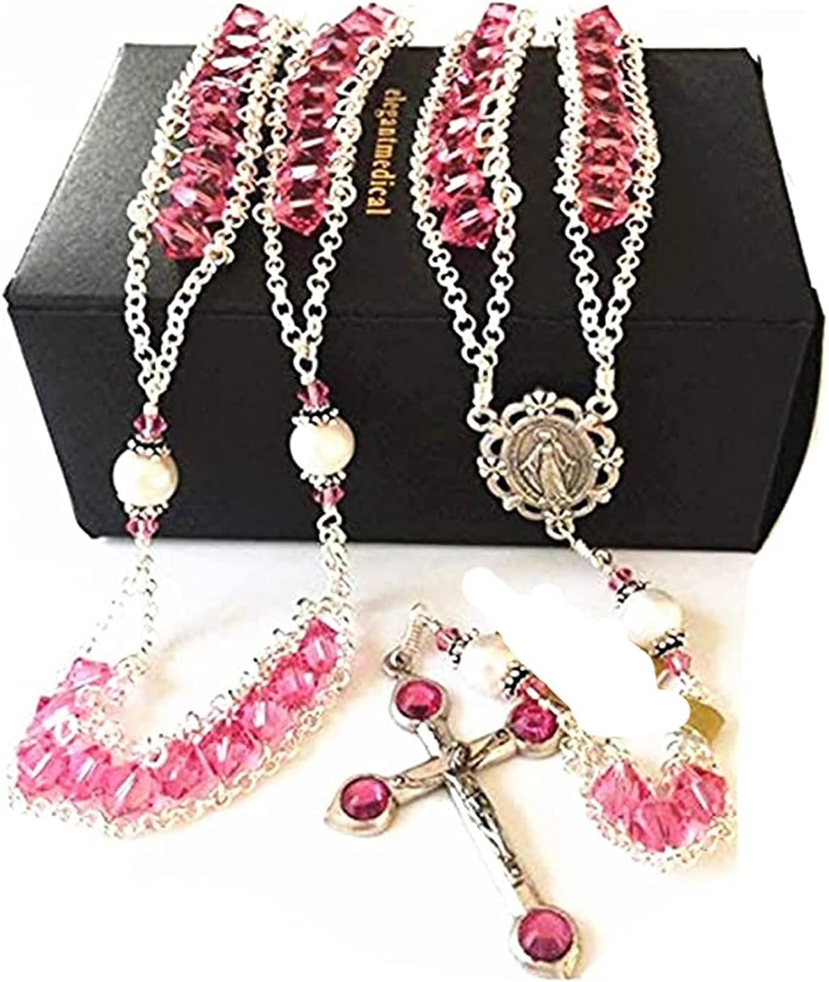 elegantmedical Ladder to Heaven Rose Pink Crystal & AAA10MM Real Pearl BEADS CATHOLIC ROSARY CROSS NECKLACE Sterling Silver beads caps