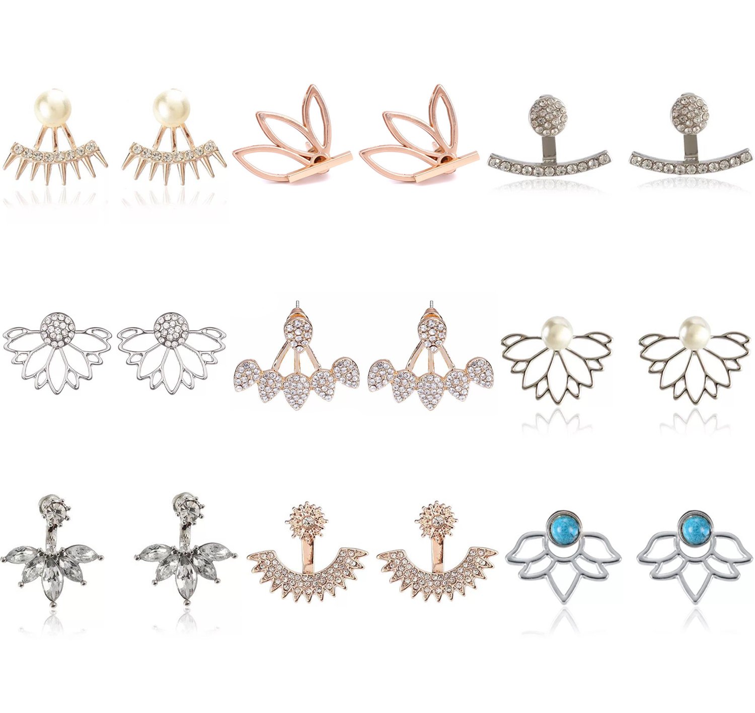 9 Pairs Rose Gold Silver Hollow Lotus Flower Earrings Simple Chic Crystal Pearl Turquoise Stud Earrings Set