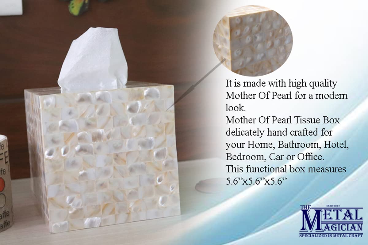 Square Tissue Holder – Decorative Tissue Box Cover is Finished in Beautiful Mother of Pearl by The Metal Magician