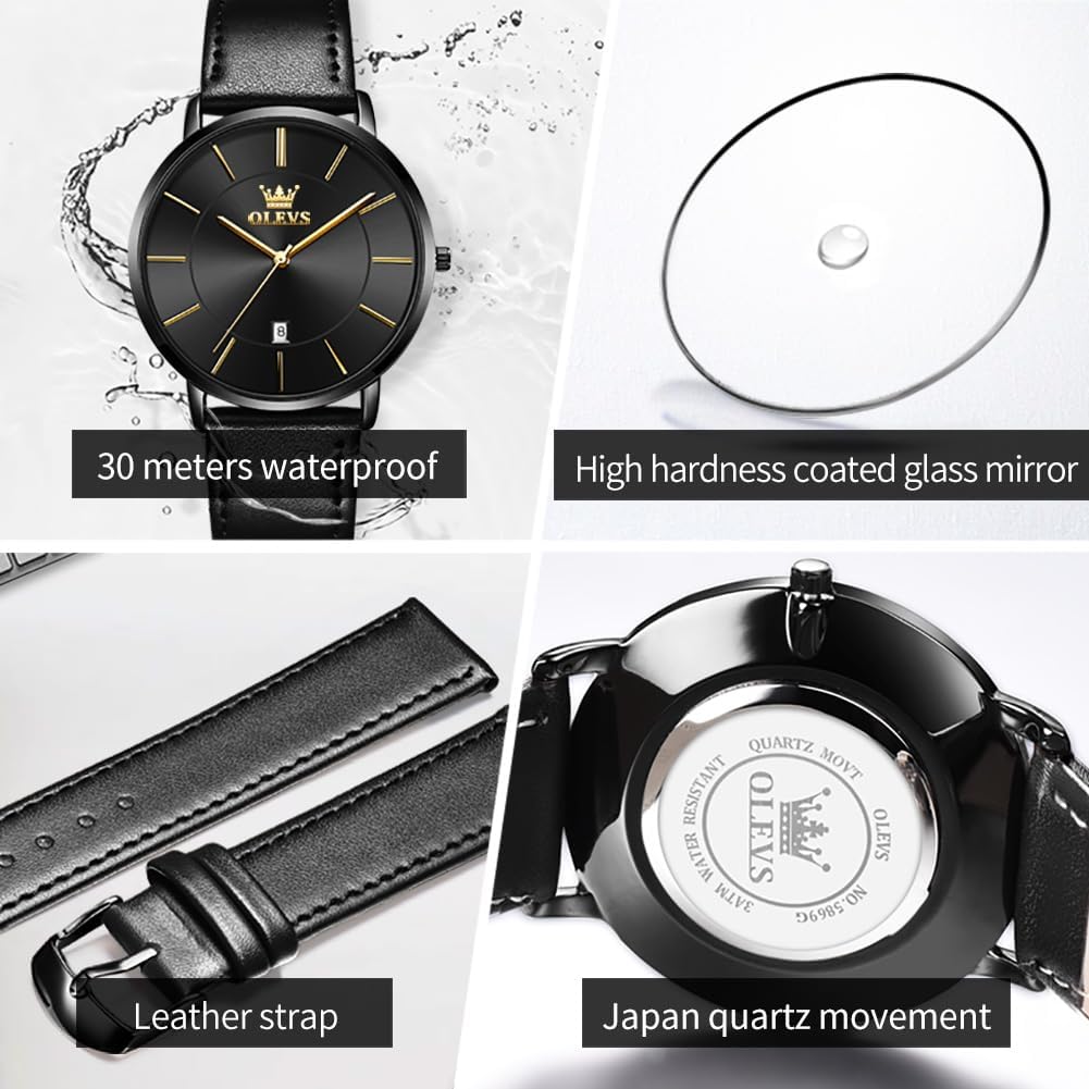 OLEVS Mens Watches with Leather Band Mens Leather Watch Classic Dress Luxury Watches for Men Waterproof Classy Quartz Analog Casual Watches Minimalist Simple Wristwatch relojes para Hombres