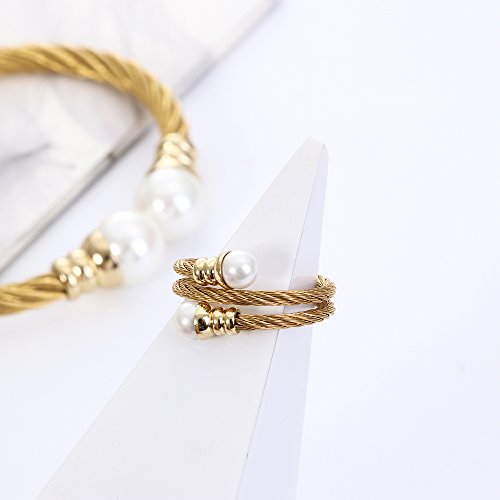 Adjustable Stylish Stainless Steel Twisted Cable Bangle Bracelet Gold-Color with Shell Pearl for Women