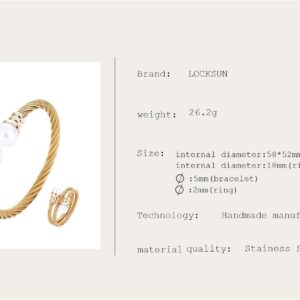 Adjustable Stylish Stainless Steel Twisted Cable Bangle Bracelet Gold-Color with Shell Pearl for Women