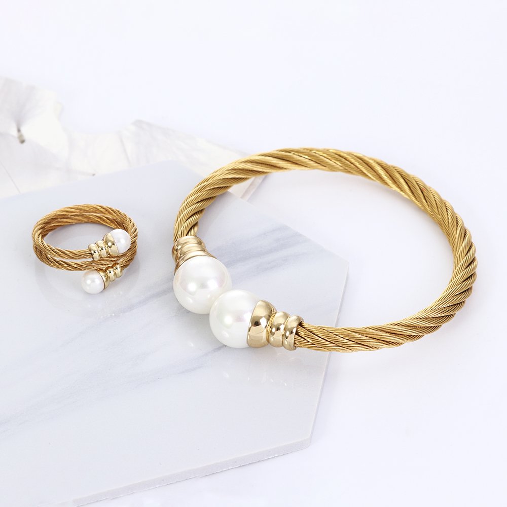 Adjustable Stylish Stainless Steel Twisted Cable Bangle Bracelet Gold-Color with Shell Pearl for Women