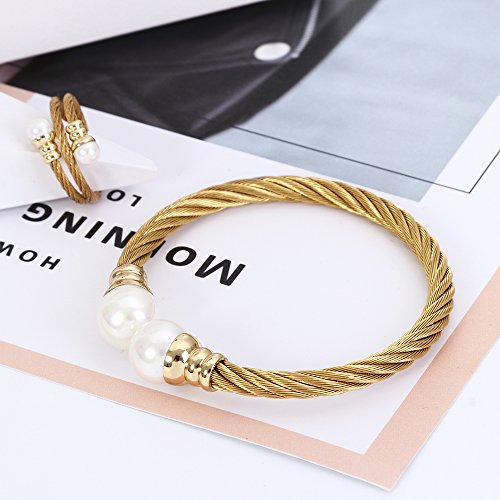 Adjustable Stylish Stainless Steel Twisted Cable Bangle Bracelet Gold-Color with Shell Pearl for Women