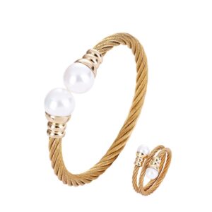 Adjustable Stylish Stainless Steel Twisted Cable Bangle Bracelet Gold-Color with Shell Pearl for Women