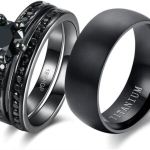 LOVERSRING Couple Ring Bridal Sets His Hers Women 18k Black Gold Plated Cz Men Titanium Wedding Ring Band Set