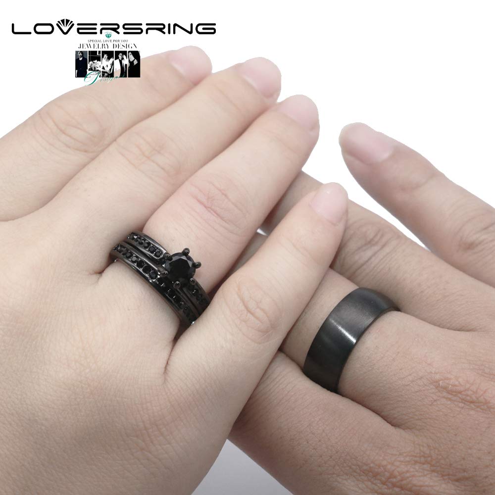 LOVERSRING Couple Ring Bridal Sets His Hers Women 18k Black Gold Plated Cz Men Titanium Wedding Ring Band Set