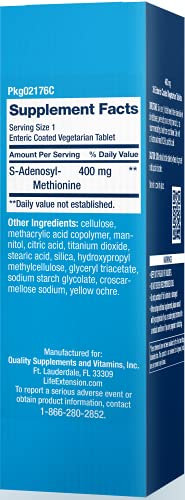 Life Extension Same 400 mg Enteric-Coated S-Adenosyl-Methionine Mood Support, Liver Health & Healthy Joint Function Support Supplement - Non-GMO, Gluten Free - 30 Enteric-Coated Vegetarian Tablets