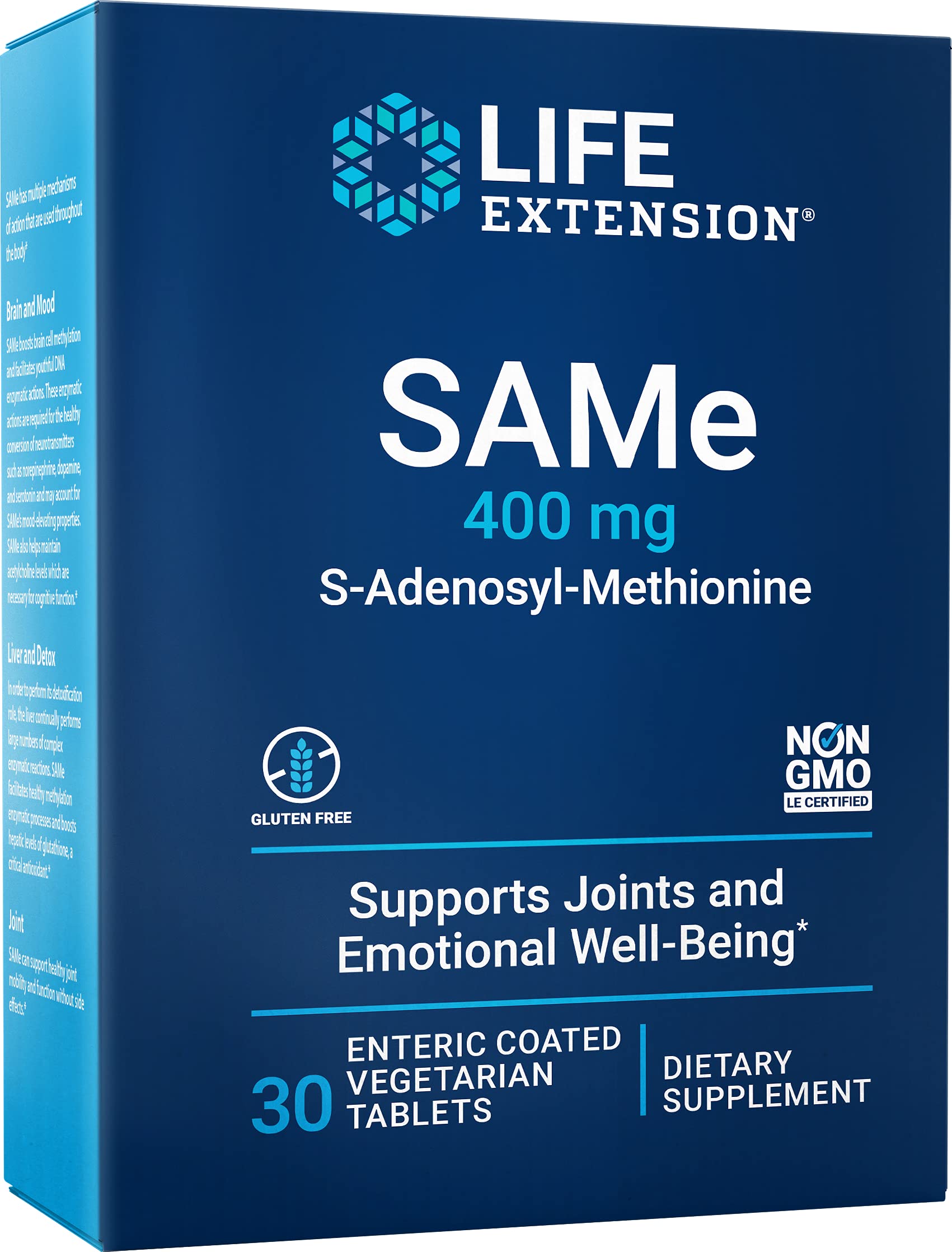 Life Extension Same 400 mg Enteric-Coated S-Adenosyl-Methionine Mood Support, Liver Health & Healthy Joint Function Support Supplement - Non-GMO, Gluten Free - 30 Enteric-Coated Vegetarian Tablets