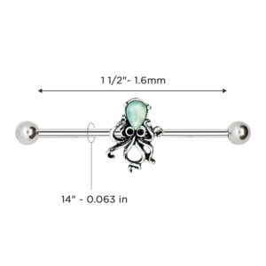 Octopus Industrial Barbell Bar Ear Piercing - 316L Surgical Grade Stainless Steel with Aqua Stone - Barbell Ear Piercing Octopus Pendant for Women and Men Unisex