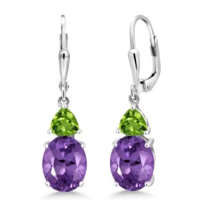 gem stone king 925 sterling silver purple amethyst and green peridot dangle earrings for women (5.56 cttw, gemstone february birthstone, oval 10x8mm, trillion 5mm)