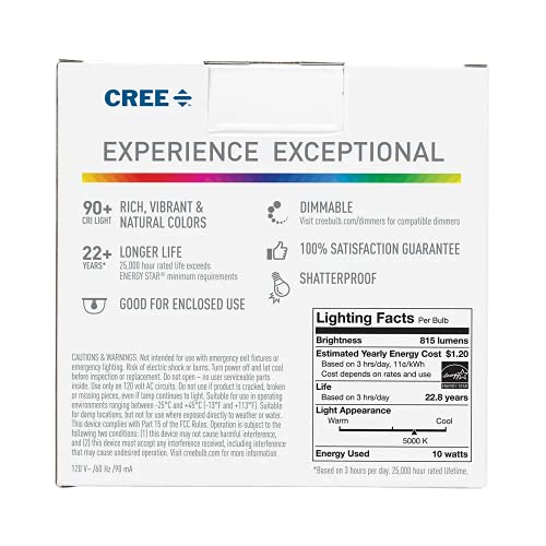 Cree Lighting Exceptional Series A19 Bulb, 5000K Dimmable LED Bulb, 60W + 815 Lumens, Daylight, 2 Pack