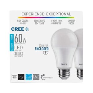 Cree Lighting Exceptional Series A19 Bulb, 5000K Dimmable LED Bulb, 60W + 815 Lumens, Daylight, 2 Pack