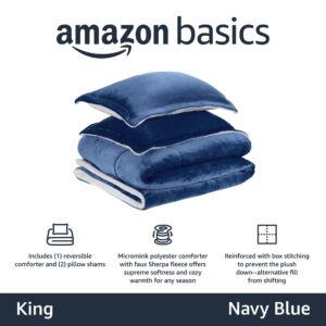 amazon basics ultra-soft micromink sherpa 3-piece comforter bed set, king, navy blue, solid