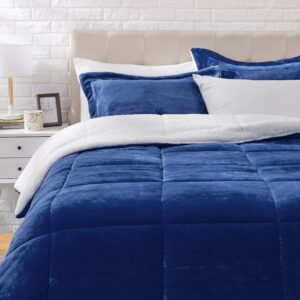 Amazon Basics Ultra-Soft Micromink Sherpa 3-Piece Comforter Bed Set, King, Navy Blue, Solid