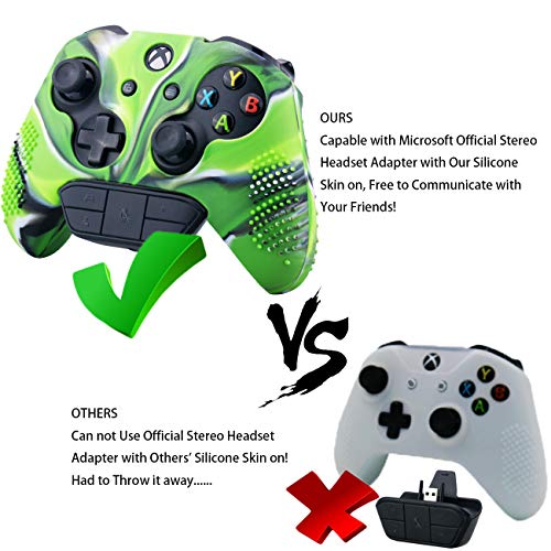 9CDeer 1 Piece of Studded Protective Silicone Cover Skin Sleeve Case + 8 Thumb Grips Analog Caps for Xbox One/S/X Controller Camouflage Green compatible with Official Stereo Headset Adapter