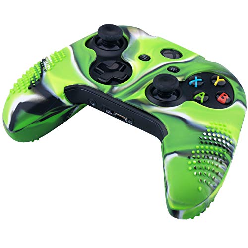 9CDeer 1 Piece of Studded Protective Silicone Cover Skin Sleeve Case + 8 Thumb Grips Analog Caps for Xbox One/S/X Controller Camouflage Green compatible with Official Stereo Headset Adapter