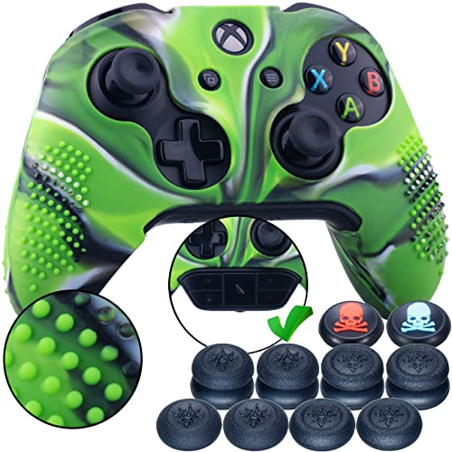 9CDeer 1 Piece of Studded Protective Silicone Cover Skin Sleeve Case + 8 Thumb Grips Analog Caps for Xbox One/S/X Controller Camouflage Green compatible with Official Stereo Headset Adapter