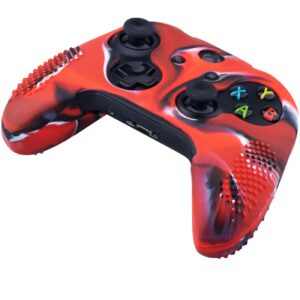 9CDeer 1 Piece of Studded Protective Silicone Cover Skin Sleeve Case + 8 Thumb Grips Analog Caps for Xbox One/S/X Controller Camouflage Red Compatible with Official Stereo Headset Adapter