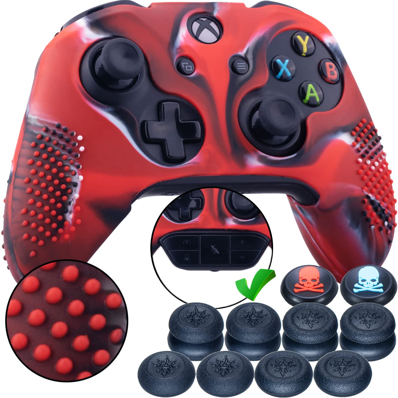 9CDeer 1 Piece of Studded Protective Silicone Cover Skin Sleeve Case + 8 Thumb Grips Analog Caps for Xbox One/S/X Controller Camouflage Red Compatible with Official Stereo Headset Adapter