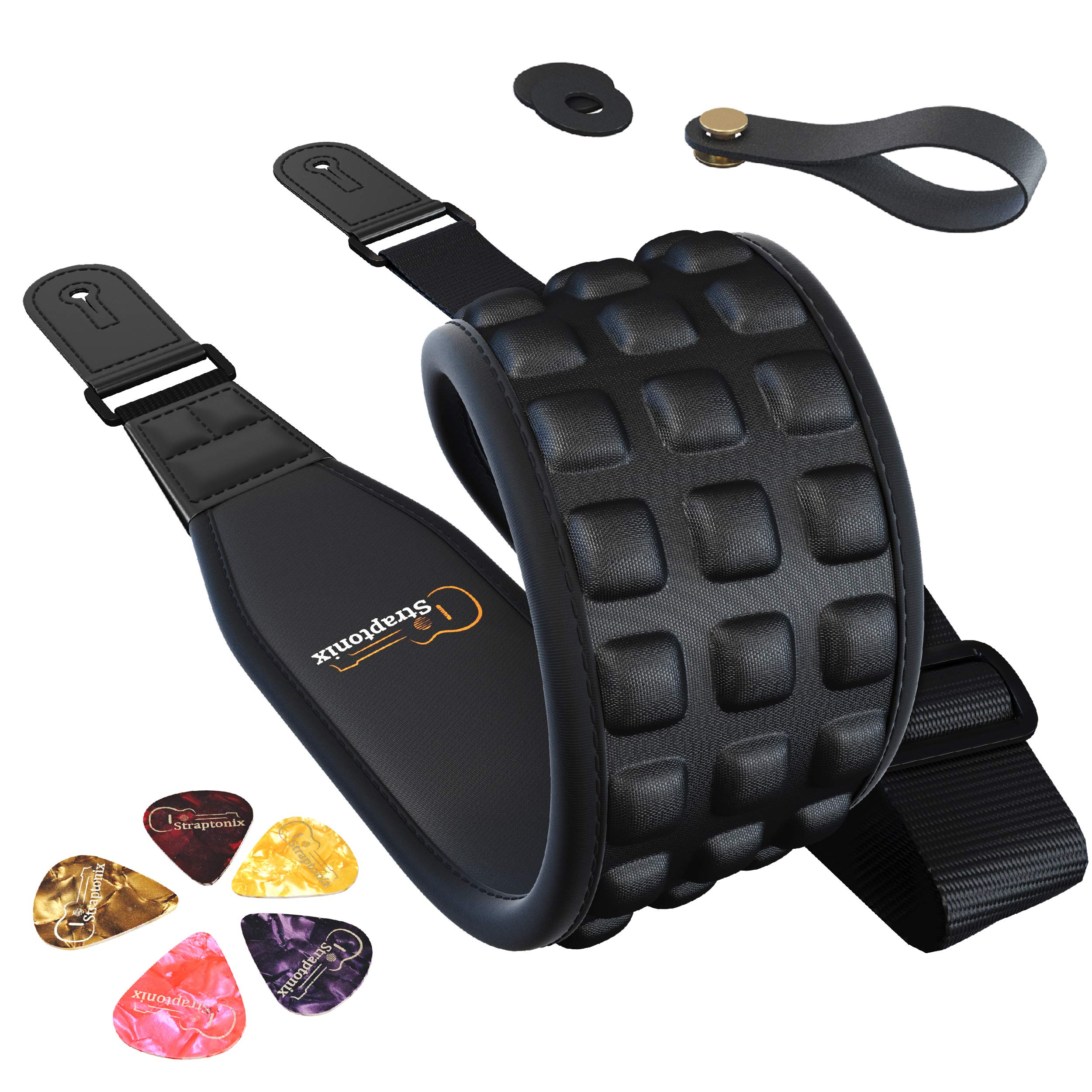 Guitar Strap Kit | Ultra Comfy Electric, Bass, Acoustic Guitar Strap - Soft & Durable Neoprene Guitar Strap w/ 2 Strap Retainers, Strap Button & 5 Guitar Pick Set - Adjustable Strap for Musicians