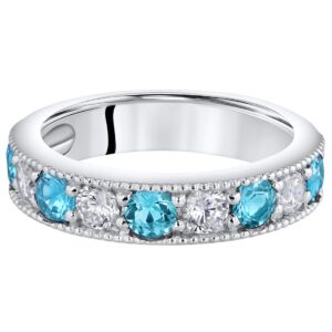 PEORA London Blue Topaz 4mm Milgrain Half-Eternity Anniversary Wedding Ring Band for Women 925 Sterling Silver, Natural Gemstone Birthstone, 0.75 Carat total Round Shape, Size 6