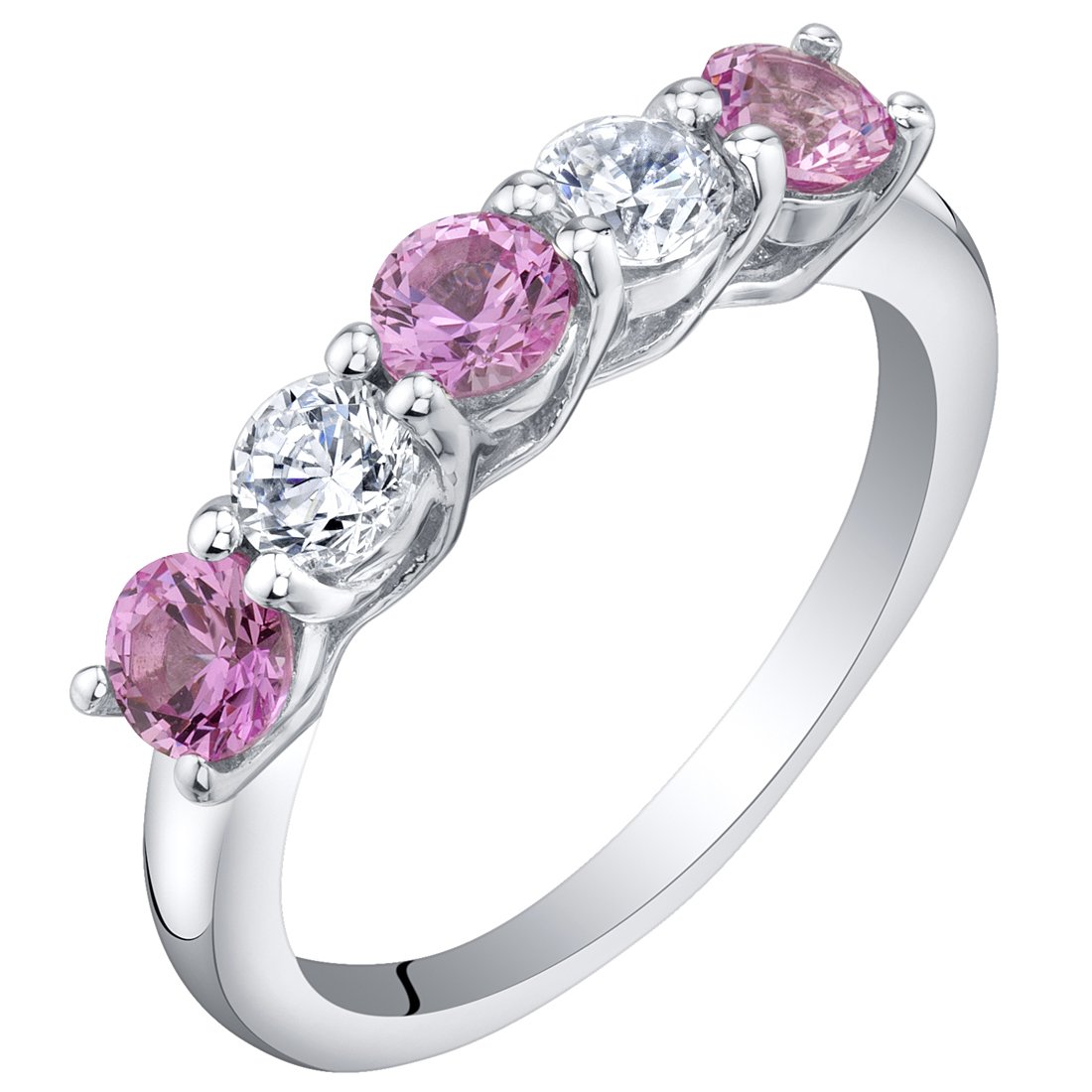 PEORA Created Pink Sapphire Half Eternity Ring for Women 925 Sterling Silver, 0.75 Carat total, Dainty Trellis Band, 3.5mm, Size 9