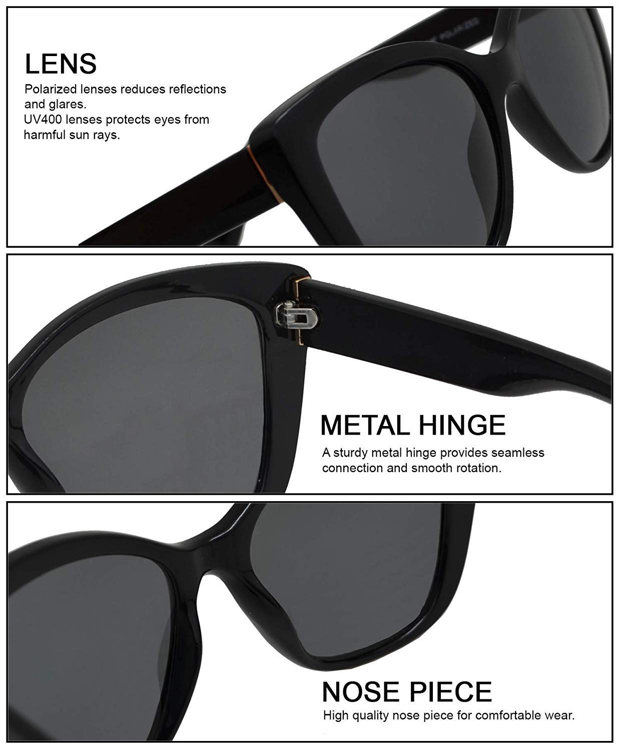 Be One Women Cat Eye Fashion Sunglasses - Polarized UV400 Classic Retro C1 Black Frame + Black Lens