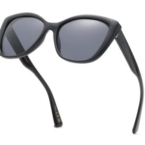 Be One Women Cat Eye Fashion Sunglasses - Polarized UV400 Classic Retro C1 Black Frame + Black Lens