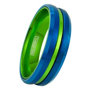 King's Cross Unique 6mm/8mm Royal Blue Tungsten Ring w/Lime Green Anodized Aluminum Inner Band & Recessed Stripe (Tungsten (6mm), 6)