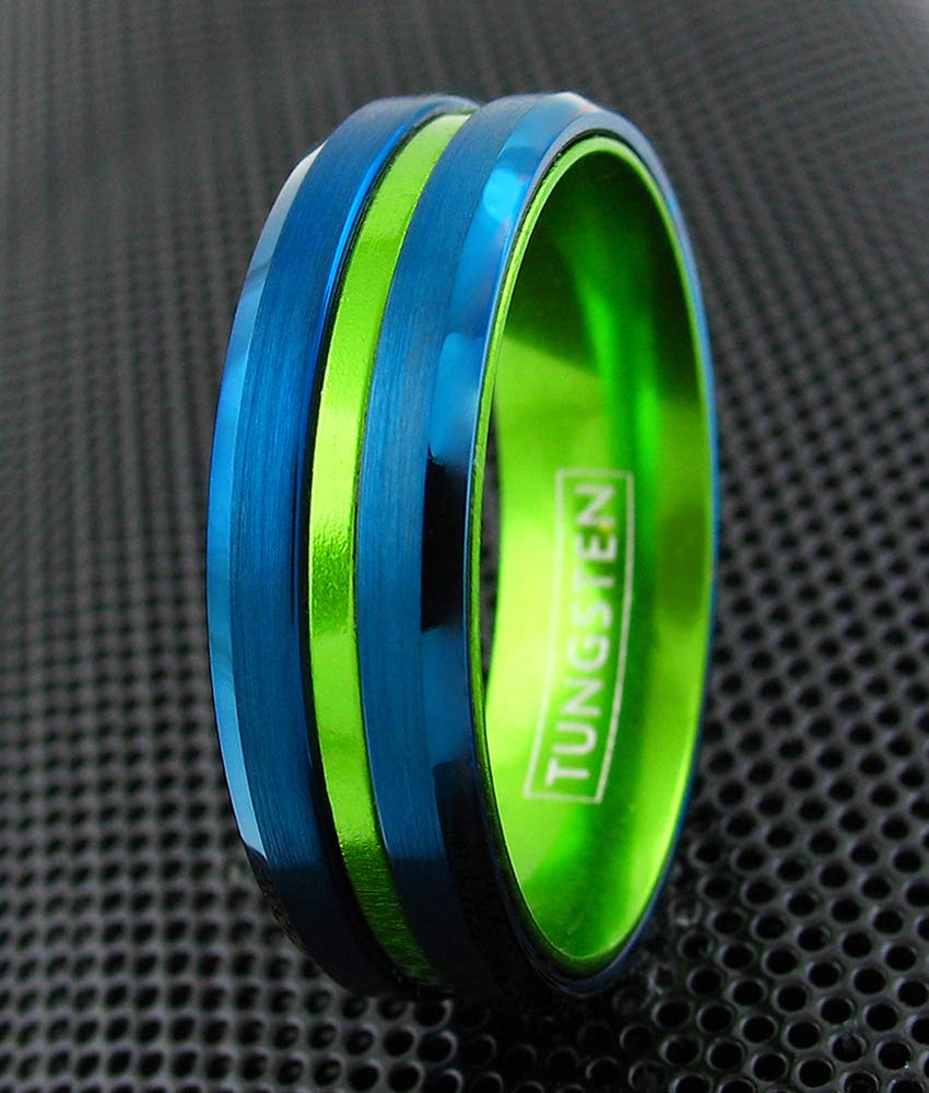 King's Cross Unique 6mm/8mm Royal Blue Tungsten Ring w/Lime Green Anodized Aluminum Inner Band & Recessed Stripe (Tungsten (6mm), 6)