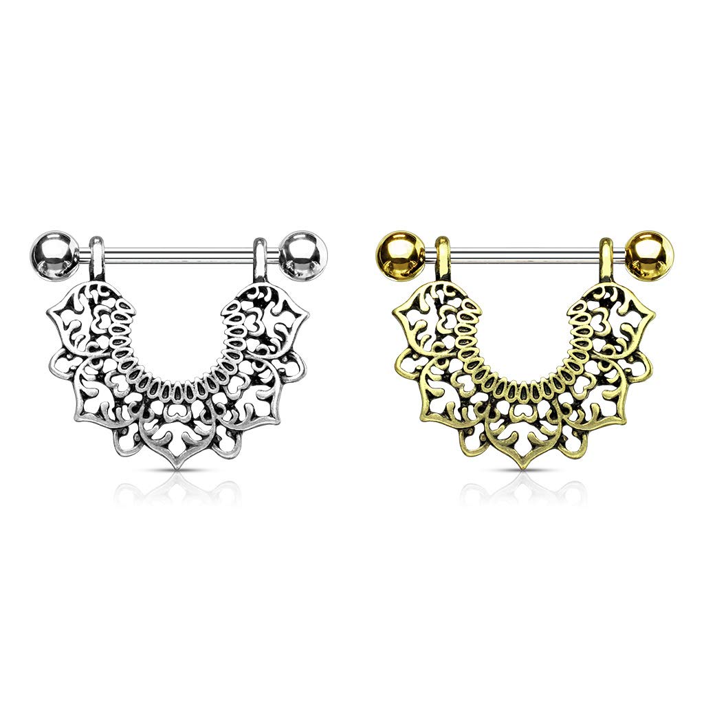 Covet Jewelry Filigree Flower Dangle 316L Surgical Steel Nipple Rings (Gold)