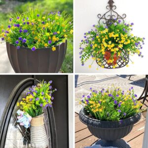 CEWOR 9pcs Artificial Flowers, UV Resistant Faux Outdoor Flowers, Fake Plastic Flowers for Cemetery Decoration Home Kitchen Bedroom Wedding Party Decor (Yellow, Purple, Green)