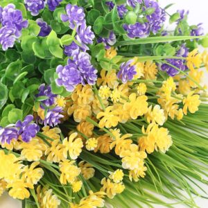 CEWOR 9pcs Artificial Flowers, UV Resistant Faux Outdoor Flowers, Fake Plastic Flowers for Cemetery Decoration Home Kitchen Bedroom Wedding Party Decor (Yellow, Purple, Green)