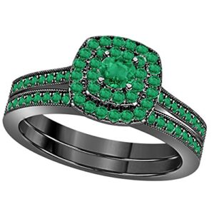 2ct round cut cz green emerald 14k black gold plated wedding bridal set double halo engagement ring set size 4-12