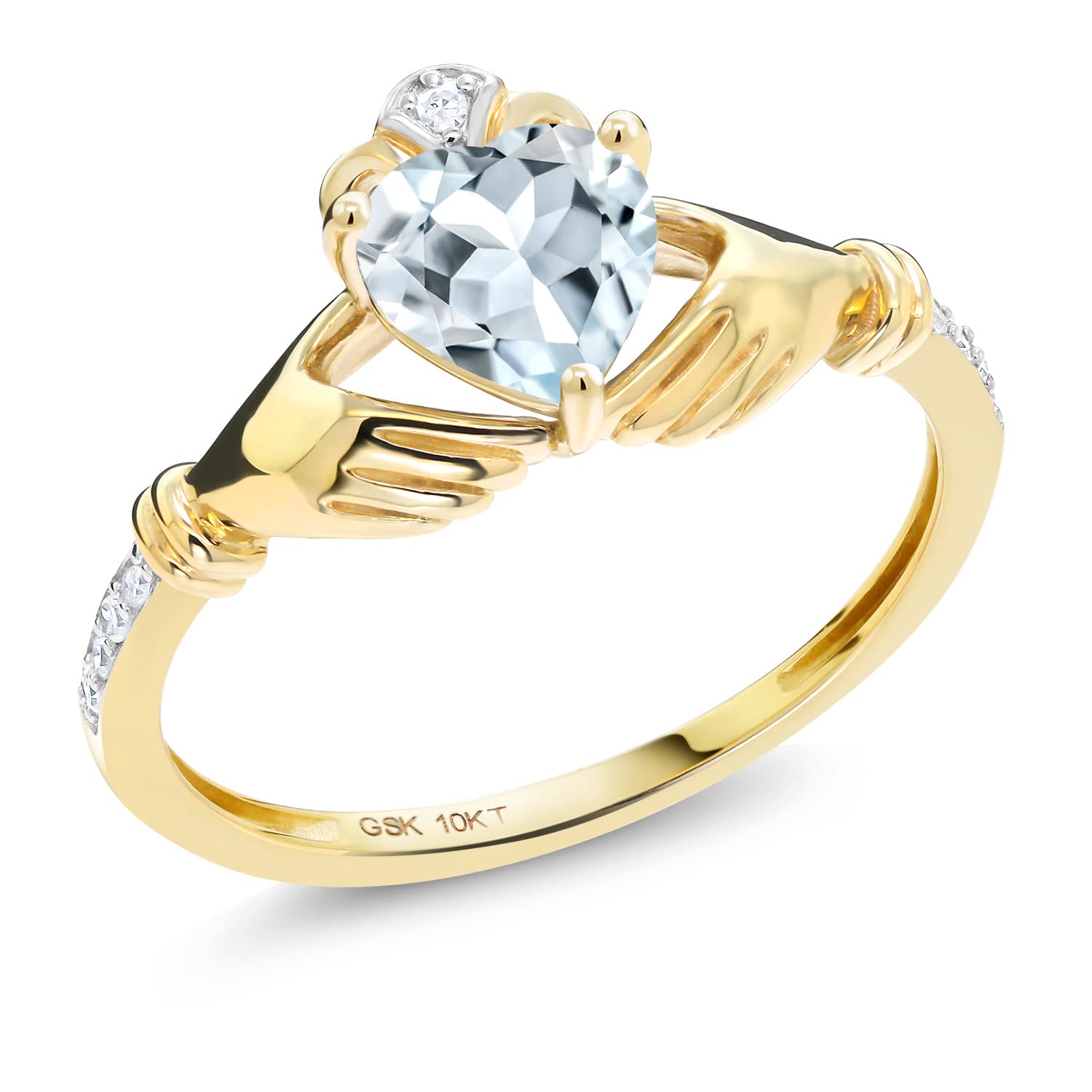 Gem Stone King 10K Yellow Gold Irish Celtic Claddagh Sky Blue Aquamarine and Diamond Accent Ring For Women (0.73 Cttw, Available in size 5, 6, 7, 8, 9)