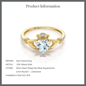 Gem Stone King 10K Yellow Gold Irish Celtic Claddagh Sky Blue Aquamarine and Diamond Accent Ring For Women (0.73 Cttw, Available in size 5, 6, 7, 8, 9)