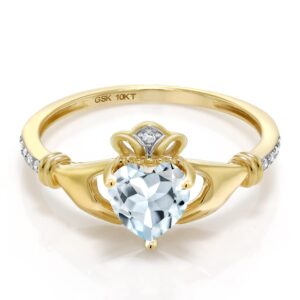 Gem Stone King 10K Yellow Gold Irish Celtic Claddagh Sky Blue Aquamarine and Diamond Accent Ring For Women (0.73 Cttw, Available in size 5, 6, 7, 8, 9)