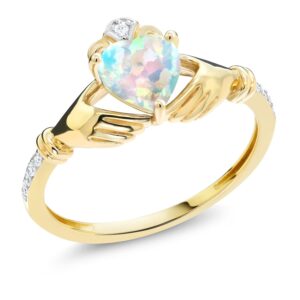 Gem Stone King 10K Yellow Gold Irish Celtic Claddagh White Simulated Opal and Diamond Accent Ring For Women (0.81 Cttw, Available in size 5, 6, 7, 8, 9)