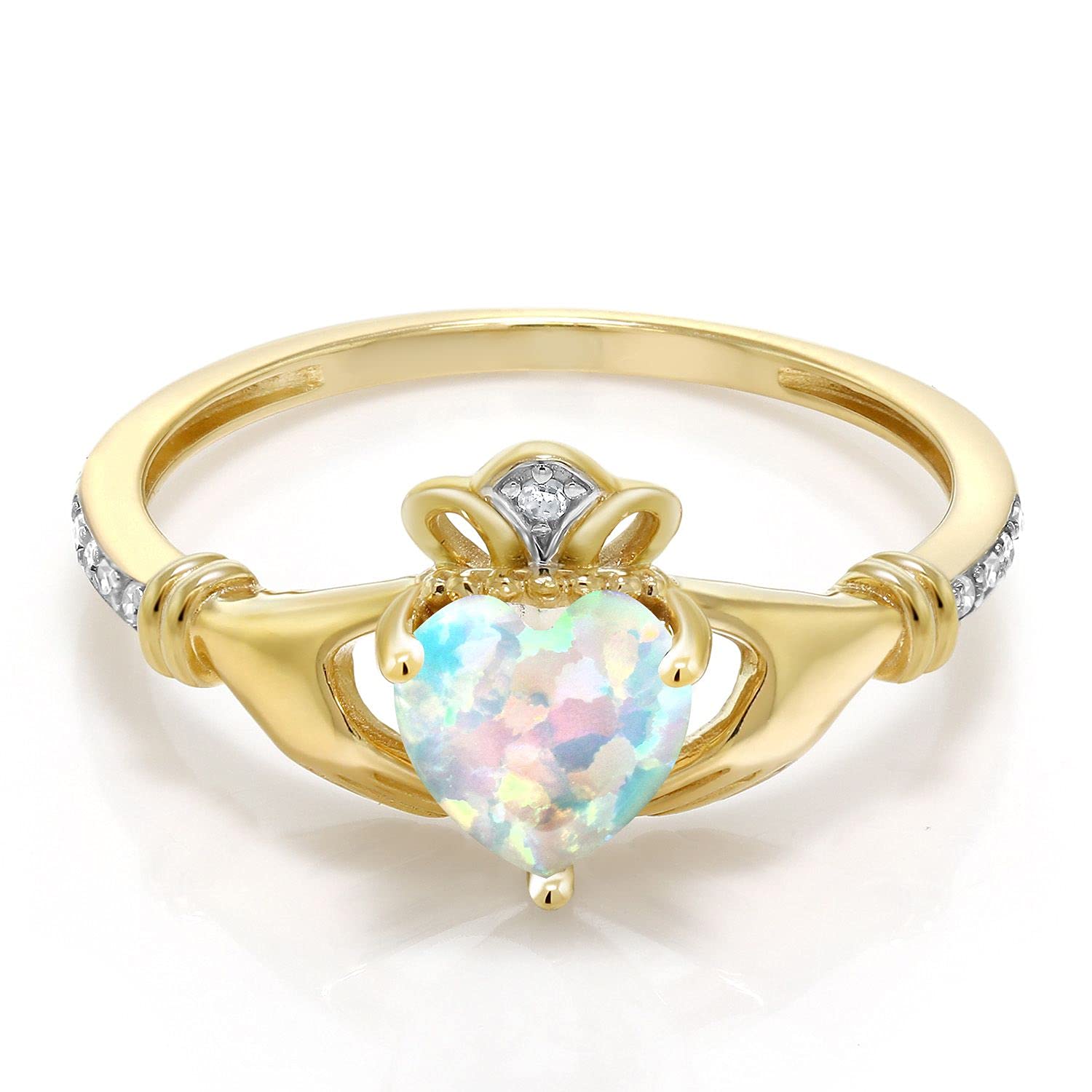 Gem Stone King 10K Yellow Gold Irish Celtic Claddagh White Simulated Opal and Diamond Accent Ring For Women (0.81 Cttw, Available in size 5, 6, 7, 8, 9)