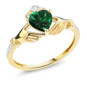 Gem Stone King 10K Yellow Gold Green Simulated Emerald and Diamond Accent Irish Celtic Claddagh Ring For Women (0.74 Cttw, Available in size 5, 6, 7, 8, 9)