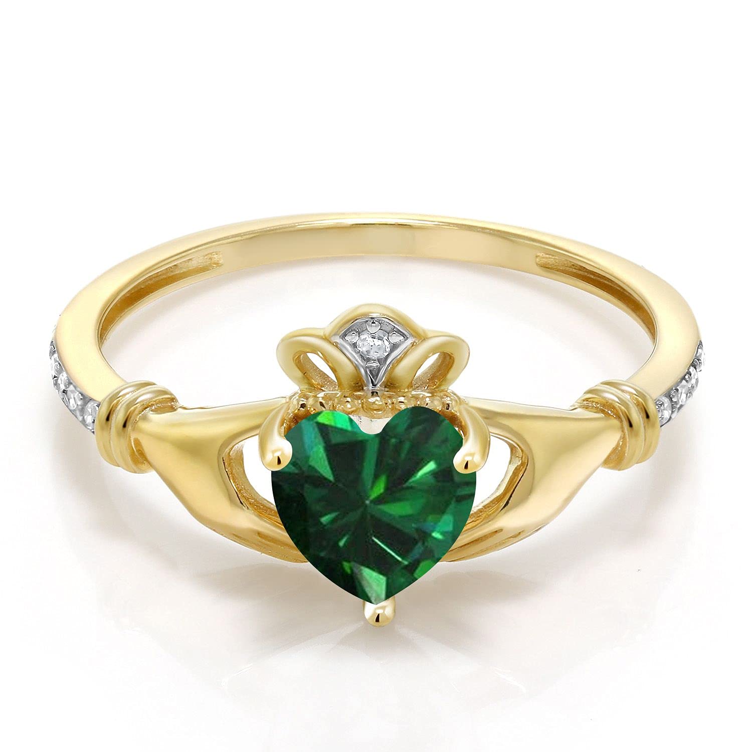 Gem Stone King 10K Yellow Gold Green Simulated Emerald and Diamond Accent Irish Celtic Claddagh Ring For Women (0.74 Cttw, Available in size 5, 6, 7, 8, 9)