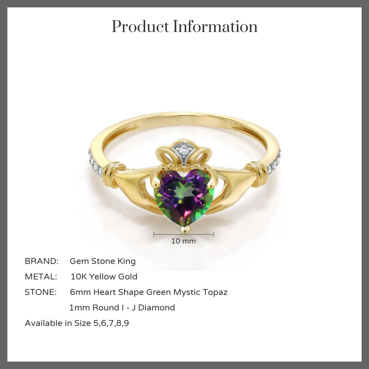 Gem Stone King 10K Yellow Gold Irish Celtic Claddagh Green Mystic Topaz and Diamond Accent Women Heart Shape Ring (1.01 Cttw, Gemstone Birthstone, Available In Size 5, 6, 7, 8, 9)