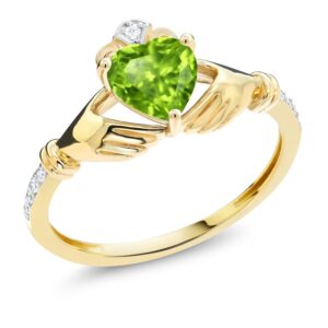 Gem Stone King 10K Yellow Gold Green Peridot and Diamond Accent Irish Celtic Claddagh Ring For Women (0.89 Cttw, Heart Shape 6MM, Available in size 5, 6, 7, 8, 9)