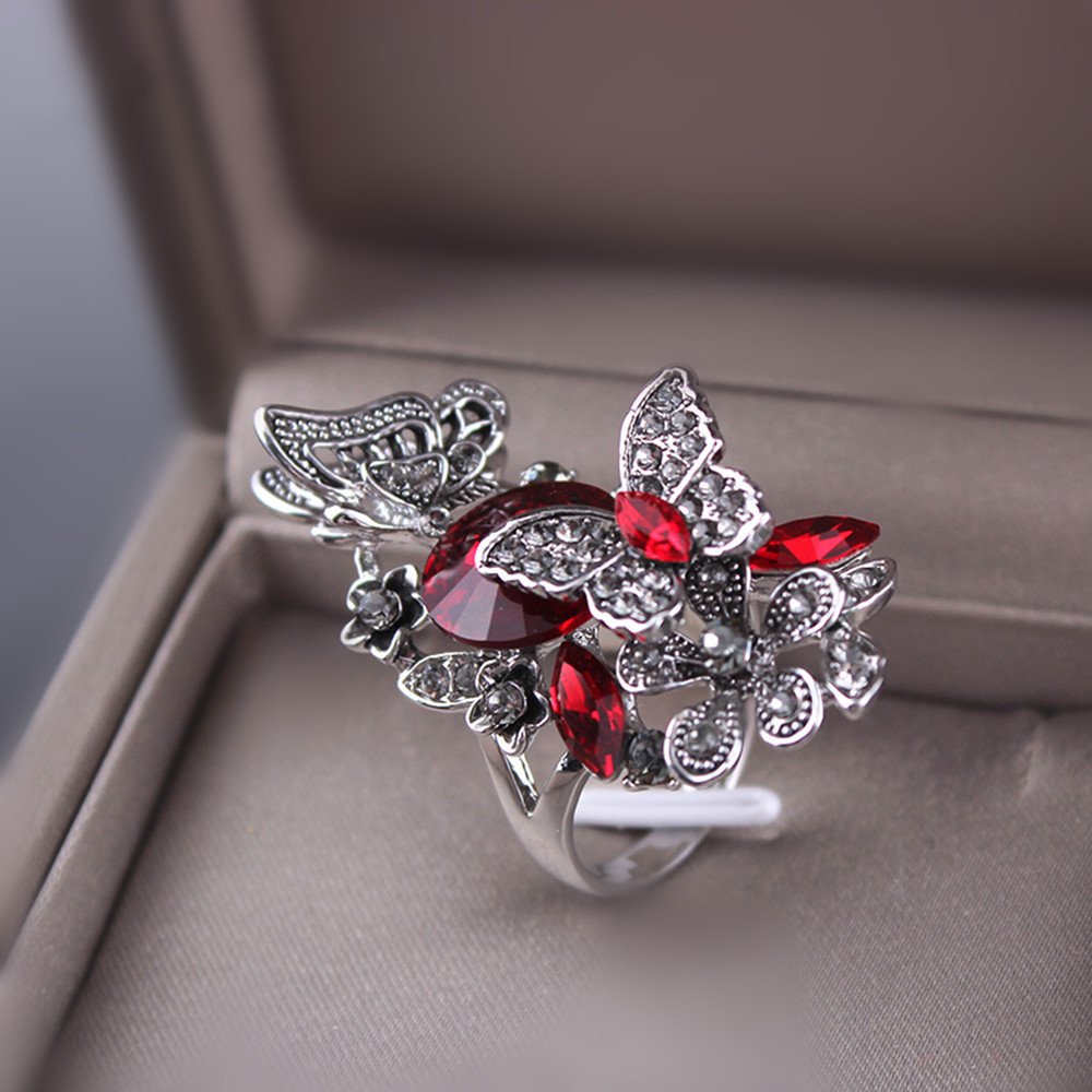 Ajojewel Red Crystal Rhinestone Flower and Butterfly Rings For Women Retro Vintage Jewelry (Red, 8)