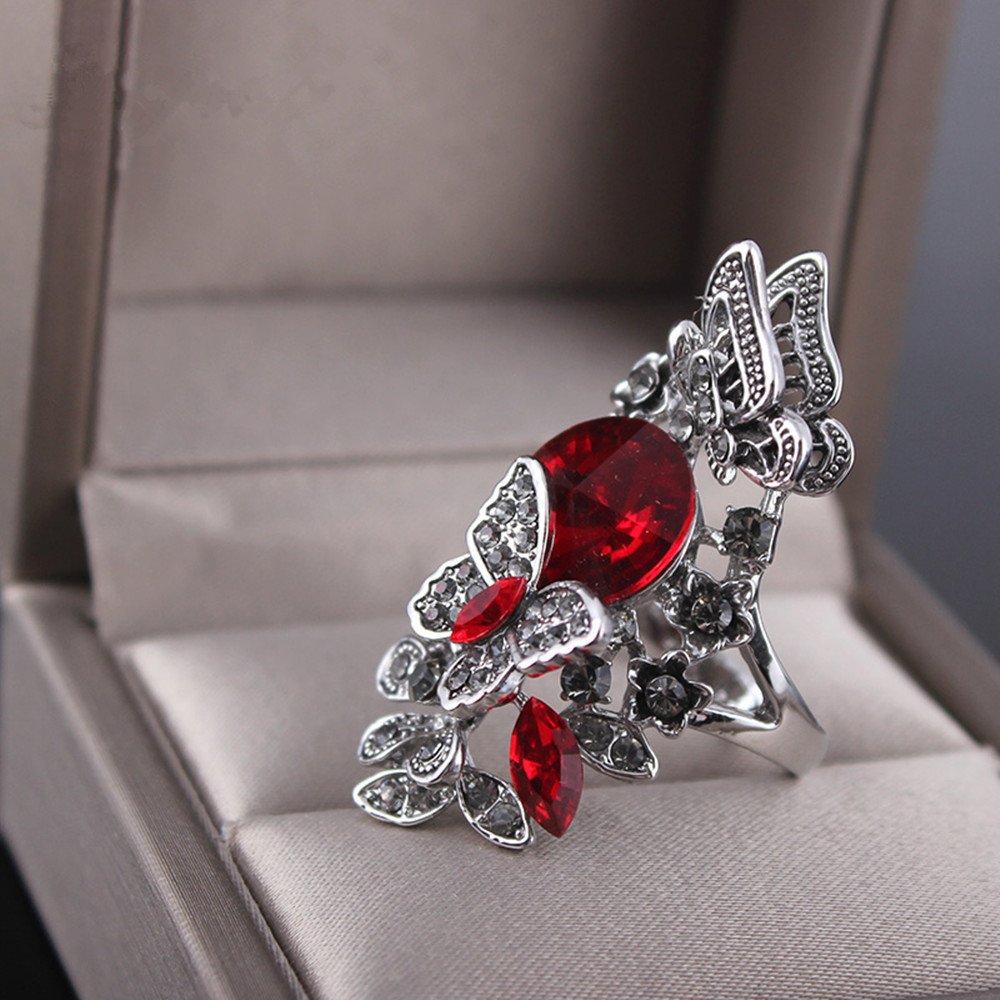 Ajojewel Red Crystal Rhinestone Flower and Butterfly Rings For Women Retro Vintage Jewelry (Red, 8)