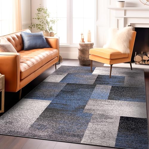 Rugshop Modern Distressed Boxes Area Rug 5' x 7' Blue