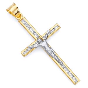 14k REAL Two Tone Gold CZ Crucifix Jesus Cross Religious Charm Pendant (Size : 32 x 16 mm)