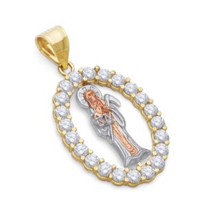 14k REAL Tri Color Gold CZ Santa Muerte Charm Pendant (Size : 24 x 15 mm)